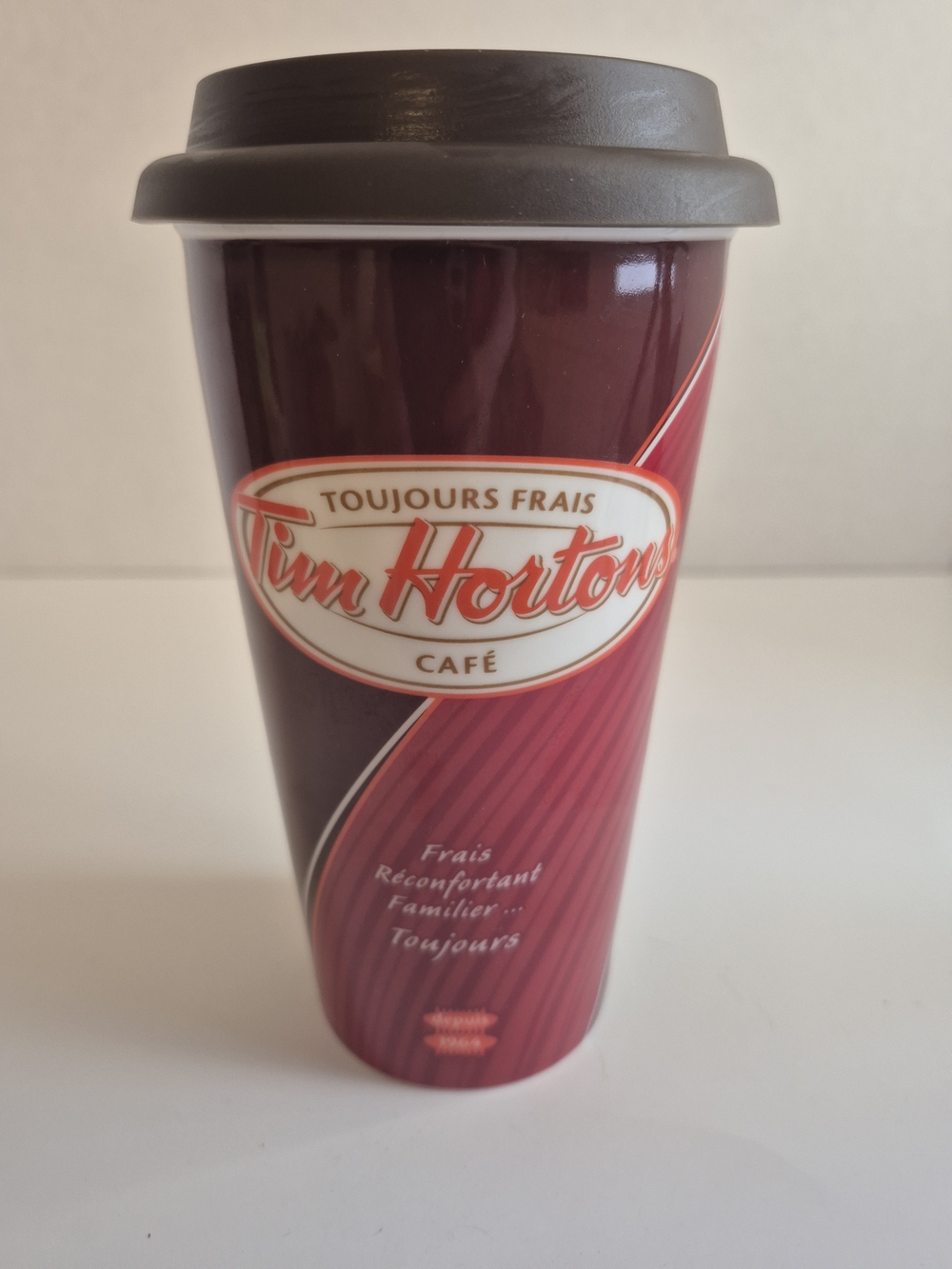 Tim Hortons Reusable Ceramic Bilingual Travel Mug Rubber Lid Collectible